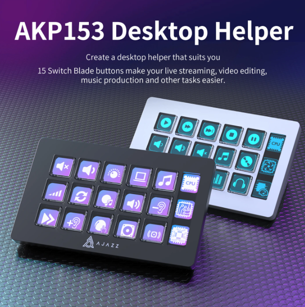 Contrôleur de studio AJAZZ AKP153 - 15 touches macro LCD - USB - 19,2 x 7,5 x 13,1 cm - Noir