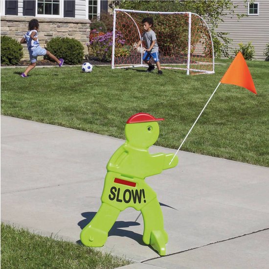 Victor Veilig avec drapeau d'avertissement rouge - Poupée de sécurité routière / Mannequin de sécurité routière en vert fluo - Attention aux enfants qui jouent - Panneau d'avertissement Kid Alert