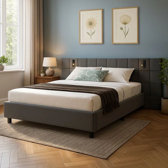 Lit capitonné Luzano - 140x200cm - Velours - Liseuse incluse - Gris foncé