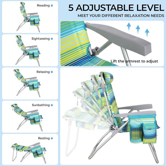 Lot de 2 chaises de plage de luxe - Réglables (5 positions) - Pliables avec sangles de sac à dos, sac isotherme et porte-serviettes - Rayures vertes et bleues