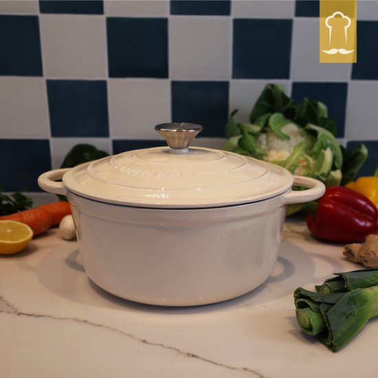 Casserole en fonte Chefarone 3,5 L - Sans PFAS - Avec couvercle - Compatible avec toutes les sources de chaleur - Émaillée blanc crème