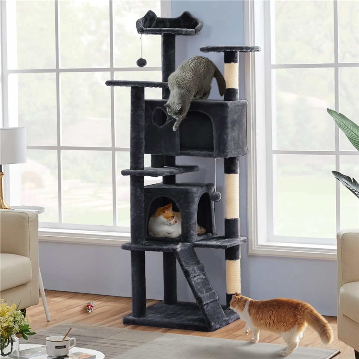 Arbre à chat Yaheetech avec 2 grottes - 178 cm de haut - 54 x 54 cm - Noir
