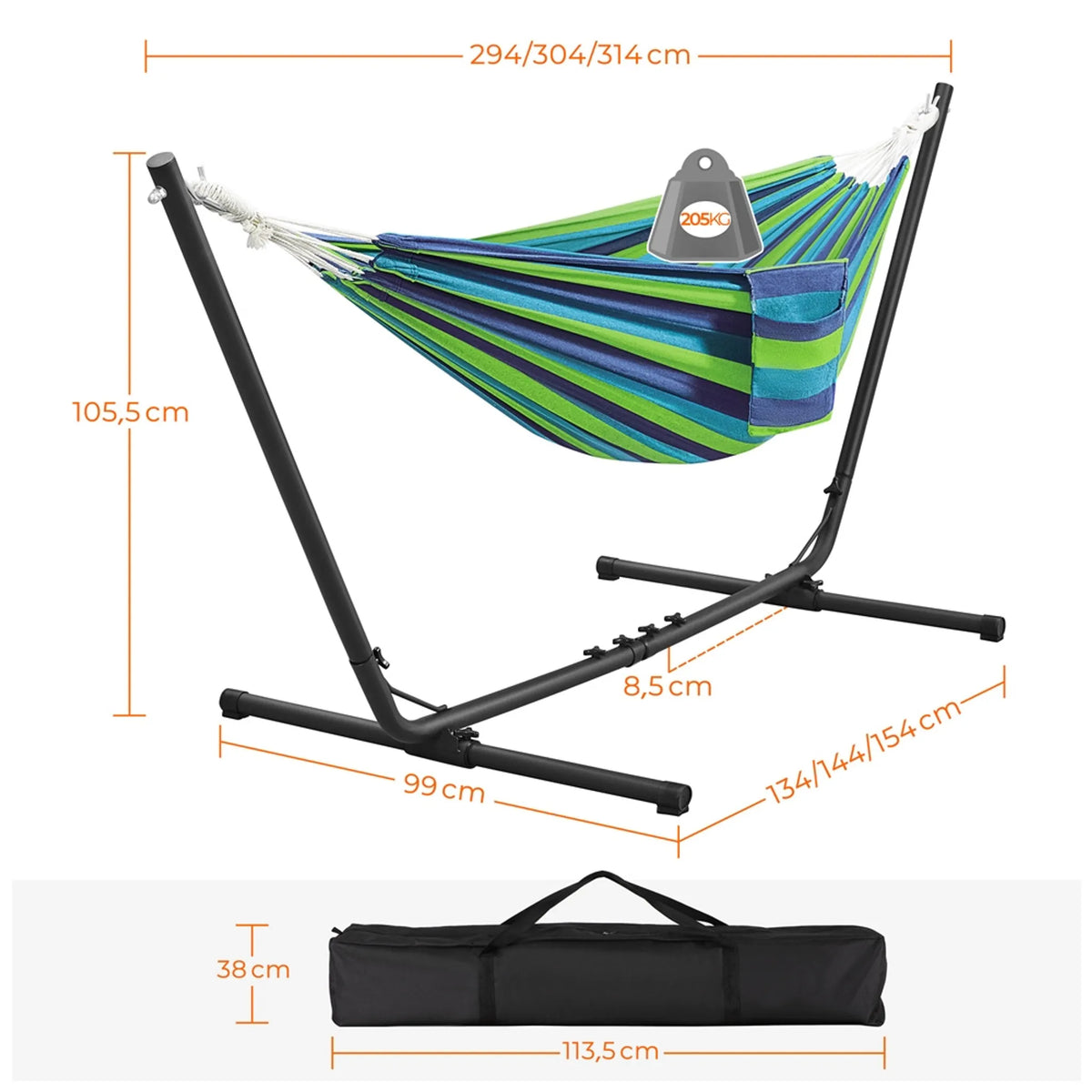 Hamac de camping Yaheetech avec armature en acier – 294/304/314 cm – Rayures bleu-vert – Capacité de charge de 205 kg