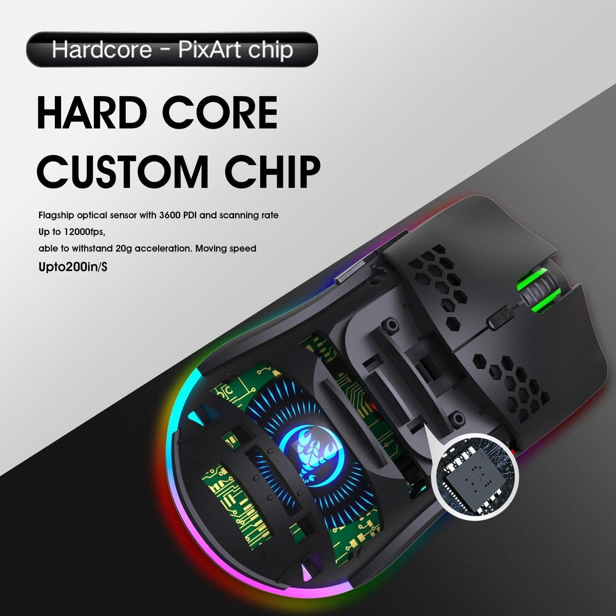 HXSJ T66 Souris de jeu sans fil 2.4G - Ultra légère - Eclairage RGB - Noir
