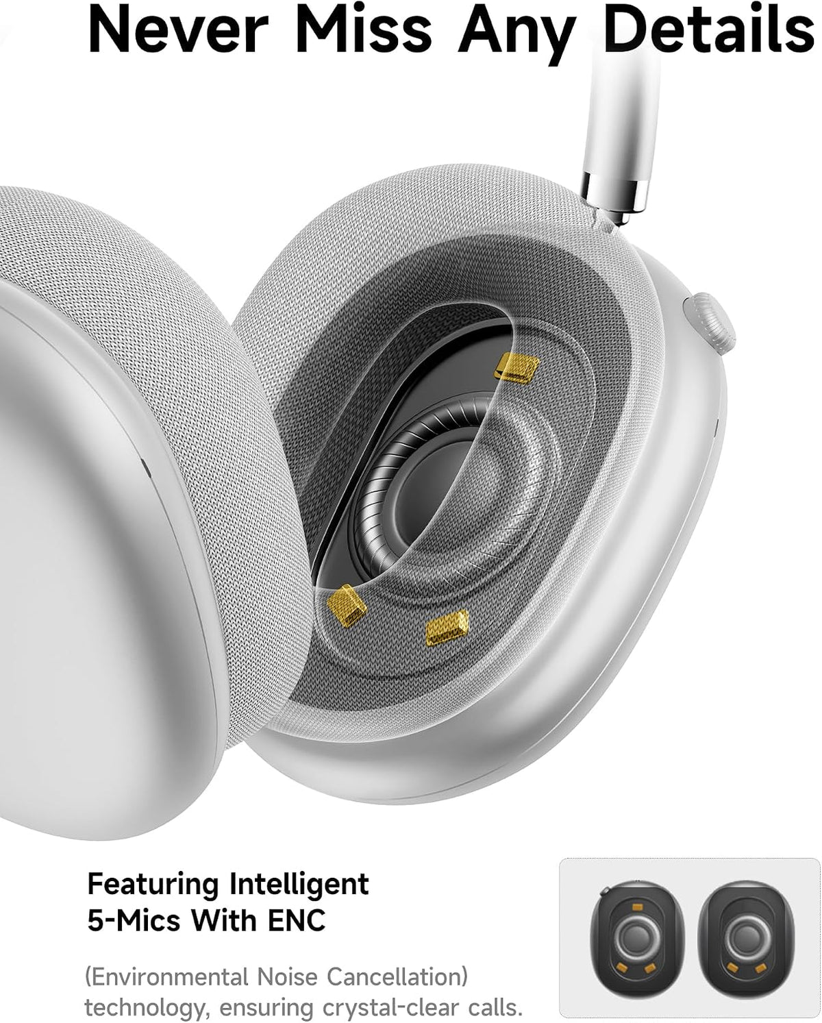 Casque sans fil circum-auriculaire Picun F8 Pro - Réduction de bruit hybride - 140 heures d'autonomie - Bluetooth - Argent