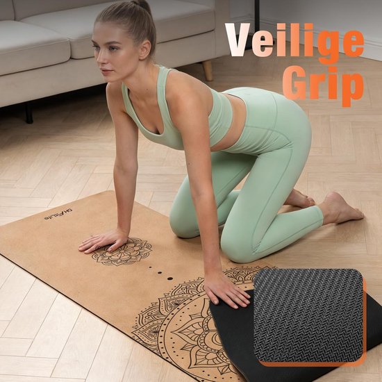 Tapis de yoga en liège DH FitLife - Mandala Harmony - 183 x 61 cm - 6 mm - Avec sangle de transport
