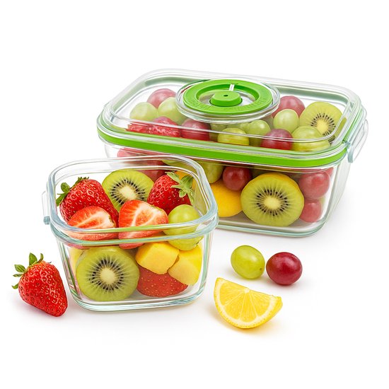 Princess 492985 Boîtes de conservation - Kit de mise sous vide – 2 récipients en verre allant au four et de conservation avec deux couvercles en plastique - Pompe à vide électrique