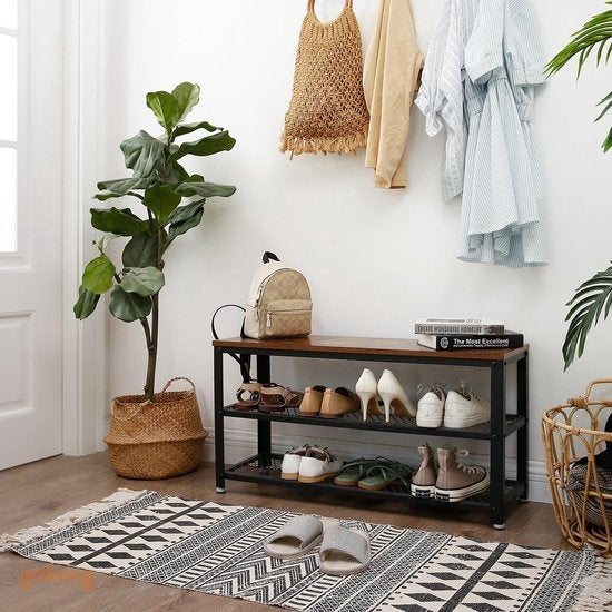 Goliving Rangement de chaussures - Banc de chaussures - Banc d'entrée - Industriel - 30 x 80 x 45 cm - Métal - Bois brun