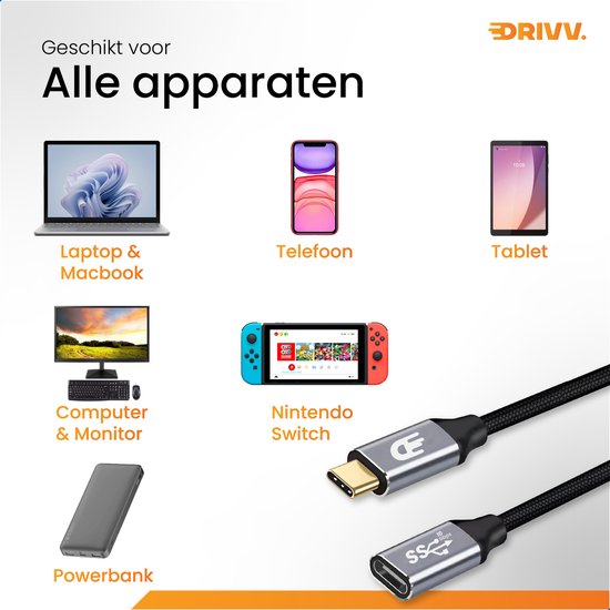 Drivv. Câble d'extension USB C 3.2 - mâle vers femelle - Charge rapide - Câble de données et de charge USB C - 2 mètres - Convient à Samsung, iPhone 15 et autres - Gris