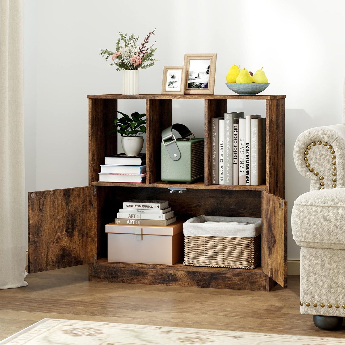 Bibliothèque Coast avec 3 compartiments ouverts et 2 portes - design moderne - marron - 70 x 30 x 70 cm