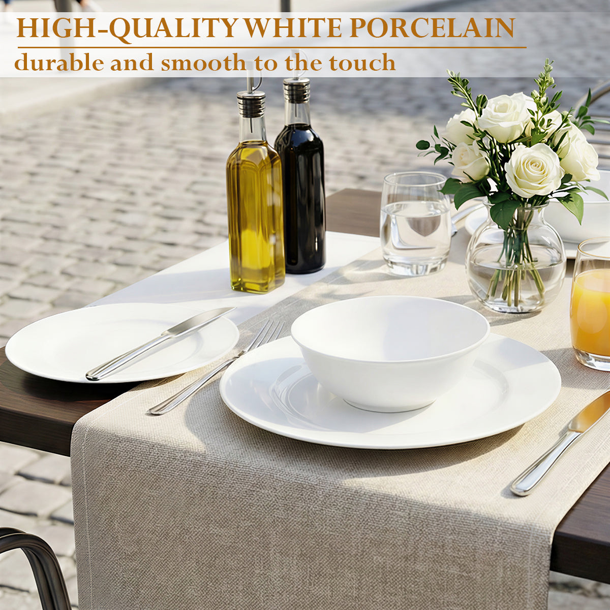 Service de table rond : élégantes assiettes et bols en céramique blanche