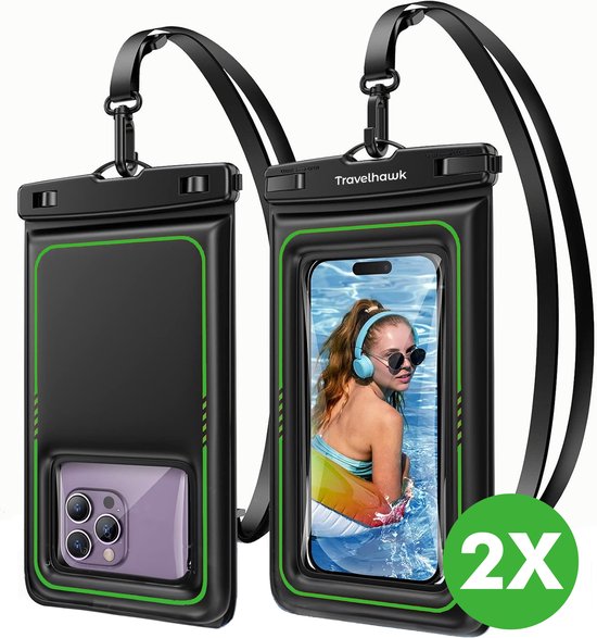 Étuis étanches pour téléphone Travelhawk - Lot de 2 Drybag - Étui sous-marin - Pochette étanche pour téléphone - Compatible avec tous les smartphones - Convient également pour les passeports et les cartes bancaires - Transparent - Eau - Vacances - Baignad
