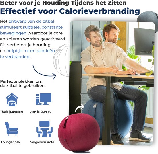 Ballon de siège Backerz 65 cm - Ballons de siège avec housse en lin - Chaise de bureau ergonomique pour le bureau et la maison - Ballon de yoga de luxe - Rouge