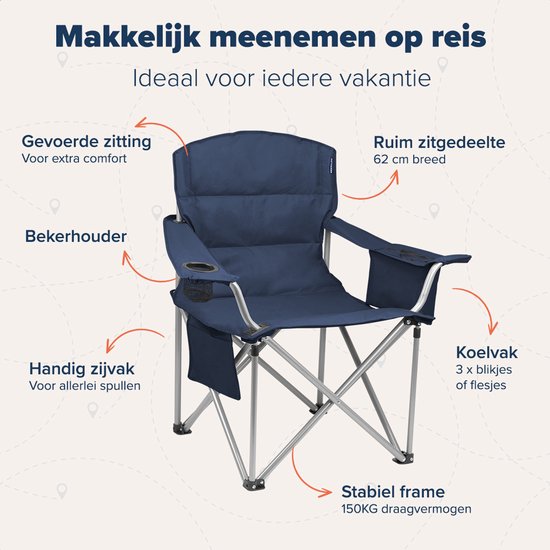 TRVLMORE Chaises de camping - pliables - 2 pièces - XL - Chaises pliantes - Capacité de charge de 150 kg - Porte-boisson - Compartiment réfrigérant - Poche latérale - Chaise pliante - Bleu