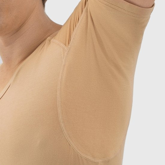 tshirt anti transpiration - Fibershirts® - Coussinets d'aisselles cousus - Maillot de corps - beige - Col en V - Hommes - Taille L