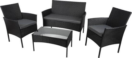 Lifetime Garden Garden Set - Berlin Lounge Set - 4 Pieces - Garden Chairs, Loveseat and Table - Rattan - Black - Garden, Balcony and Terrace