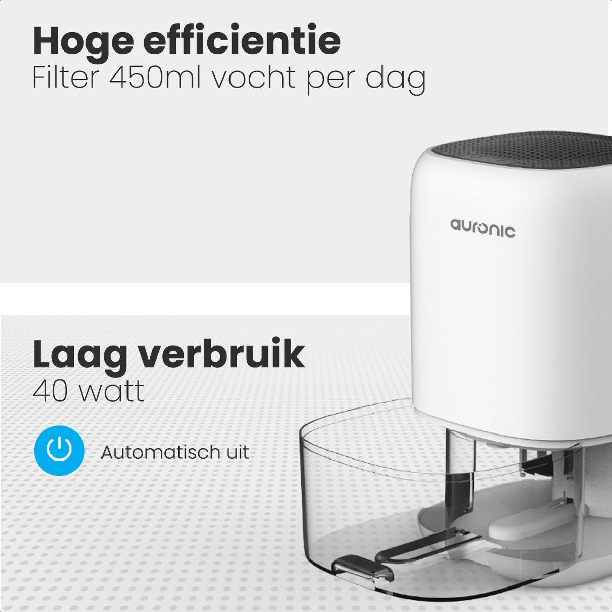 Déshumidificateur Auronic – Réservoir de 1 L, 450 ml par jour, 40 W – 25,6 x 15 x 15 cm – Blanc