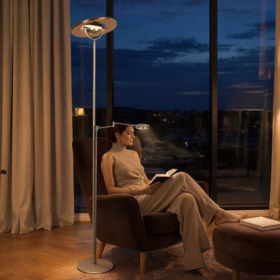 Lampadaire couleur acier 4386ST - Soleil 2 avec bras orientable et inclinable, hauteur 185 cm, acier moderne, 6 500 lumens, Steinhauer Exclusive