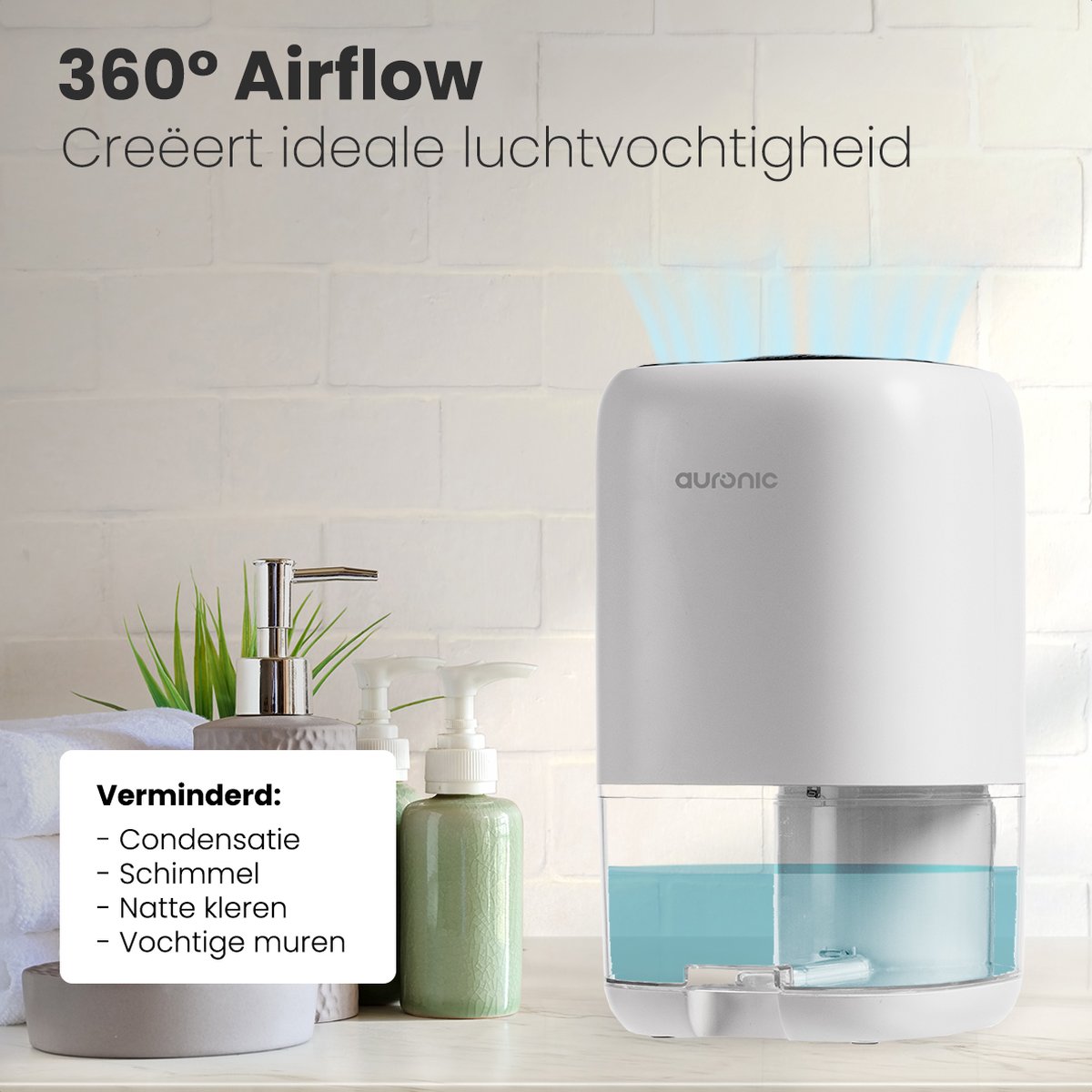 Déshumidificateur Auronic – Réservoir de 1 L, 450 ml par jour, 40 W – 25,6 x 15 x 15 cm – Blanc
