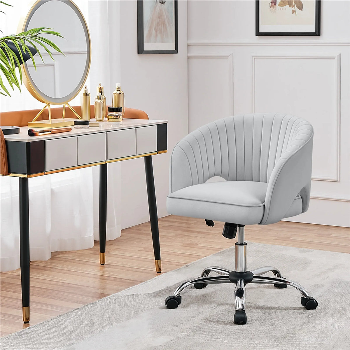 Yaheetech Fauteuil de bureau Fauteuil - 60 x 56,5 x 73-83 cm - avec rembourrage doux et velouté, hauteur d'assise réglable et fonction relaxante - pour le bureau et la salle de réception - polyester gris clair et métal