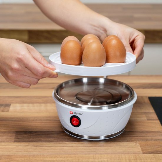 Chaudron à oeufs électrique alpina - Chaudron à oeufs pour 7 oeufs - avec gobelet de mesure, grille à oeufs et pique-oeufs - 230V - 320-380W - Signal d'avertissement - Antidérapant - Oeufs à la coque, moyens ou durs
