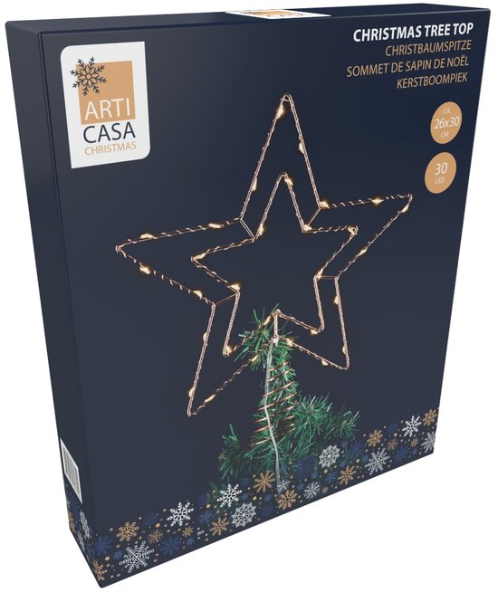 Arti Casa Pointe de sapin de Noël - Pointe de sapin de Noël avec guirlande lumineuse à piles - Pointe lumineuse - Pointe en forme d'étoile pour sapin de Noël - Décoration de Noël LED - Pointe de sapin de Noël rose doré