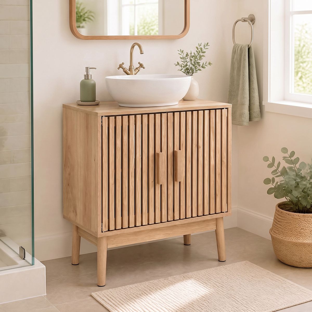 Meuble de salle de bains Coast sous-lavabo - 2 portes à lamelles - pieds en pin - aspect naturel - 60 x 30 x 70 cm