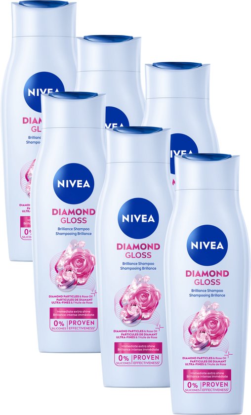 Shampoing NIVEA Diamond Gloss Care - aux particules de diamant - à l'huile de macadamia - Shampoing - Format économique - 6 x 250 ml