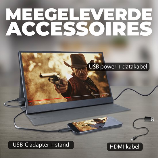 Écran portable Denver - Full HD - 15,6 pouces - Écran portable - Housse en cuir - HDMI - USB-C - PMO15604
