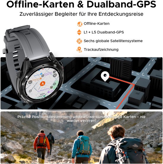 DOOGEE Anywise W1 Pro - Montre connectée de type militaire - Commande vocale par IA - 5 ATM - GPS double bande - Cartes hors ligne - 170 modes sportifs - Écran AMOLED de 1,43 pouce - Tracker d'activité - Appels entrants et sortants - Autonomie de 18 jours