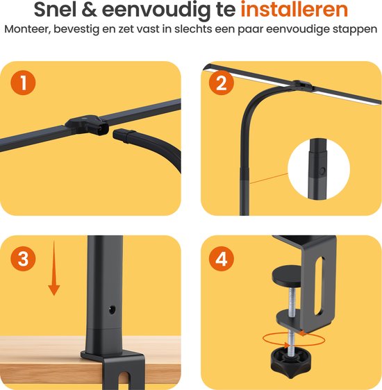 Goliving Lampe de bureau avec pince XL - 78 CM - LED dimmable avec télécommande - Lampe à pince - Lampe de table - Lampe de lecture - Flexible - Lampe LED - Touch Control - Softclose - Noir