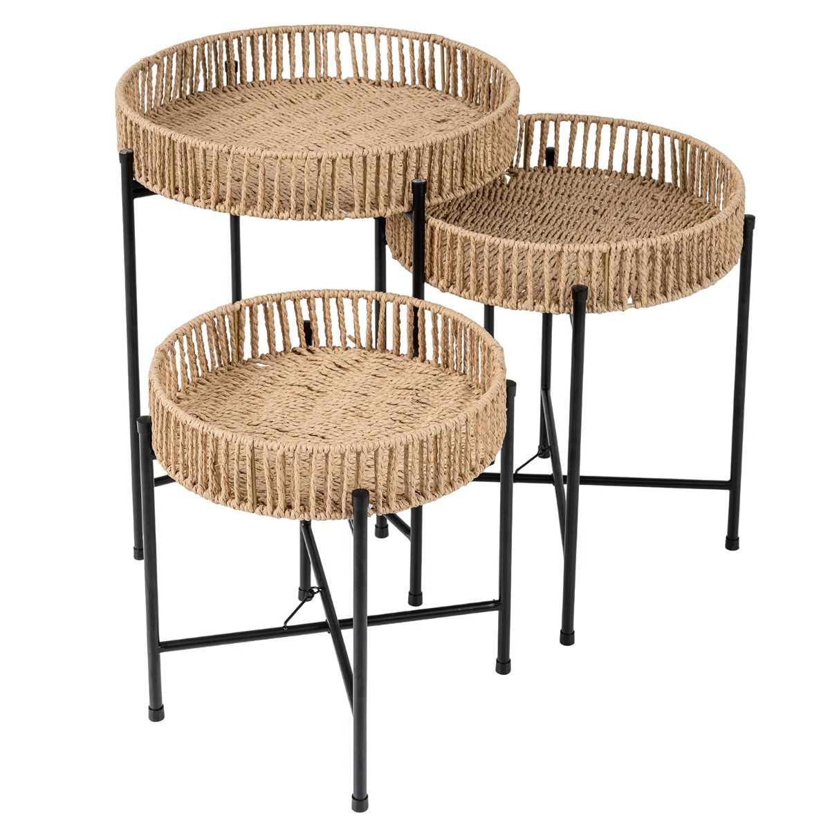 Ensemble de tables d'appoint rondes Coast - tressage bohème fait main - pieds en métal - couleur naturelle - lot de 3