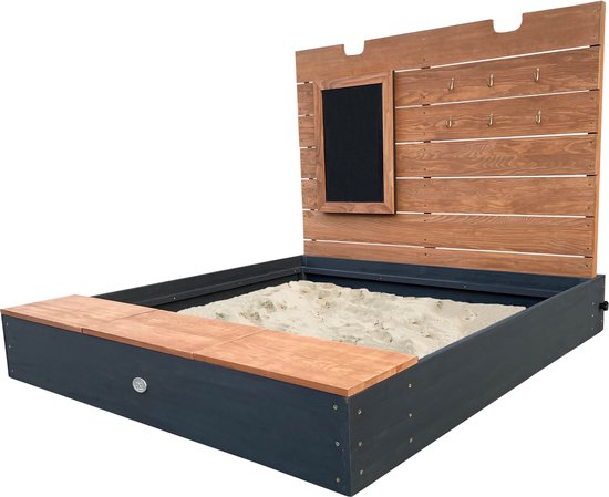 Bac à sable AXI Mandy XL 130 x 120 cm avec espace de rangement et couvercle, couleur anthracite/marron – Avec banc et tableau à craie – Toile de protection incluse – Garantie de 10 ans !