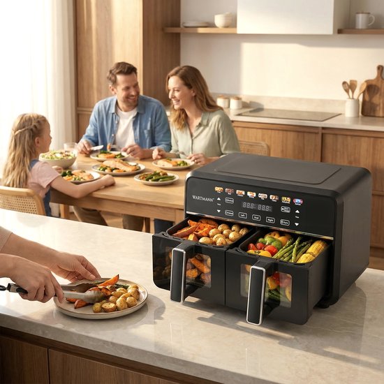 Friteuse à air chaud double XXL 11 L - Friteuse à air chaud sans PFAS - Infrarouge - Double zone - 2 x 5,5 L - 40–200 °C - 8 programmes de cuisson - 2 850 W - WM-2511 AF - Noir