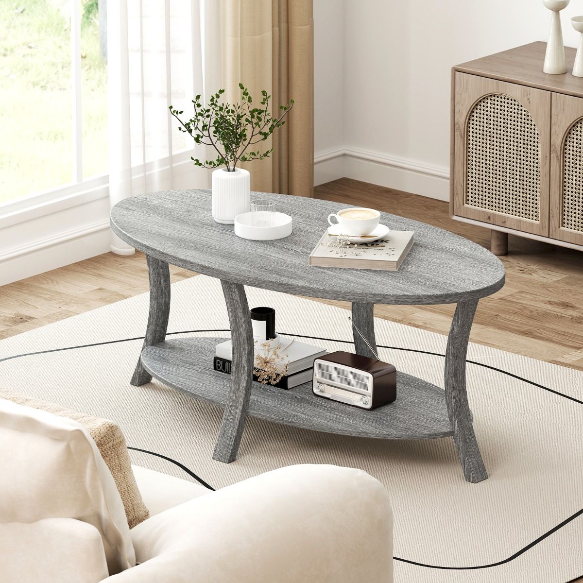 Table basse ovale Coast - 2 niveaux avec espace de rangement - bois d'hévéa - gris - 111 x 60,5 x 47 cm