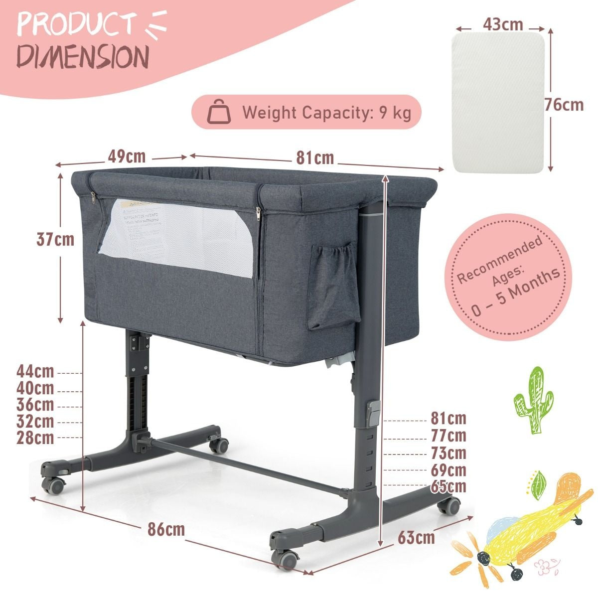 Berceau pour bébé - Coast - 5 positions - Max. 9 kg - Gris