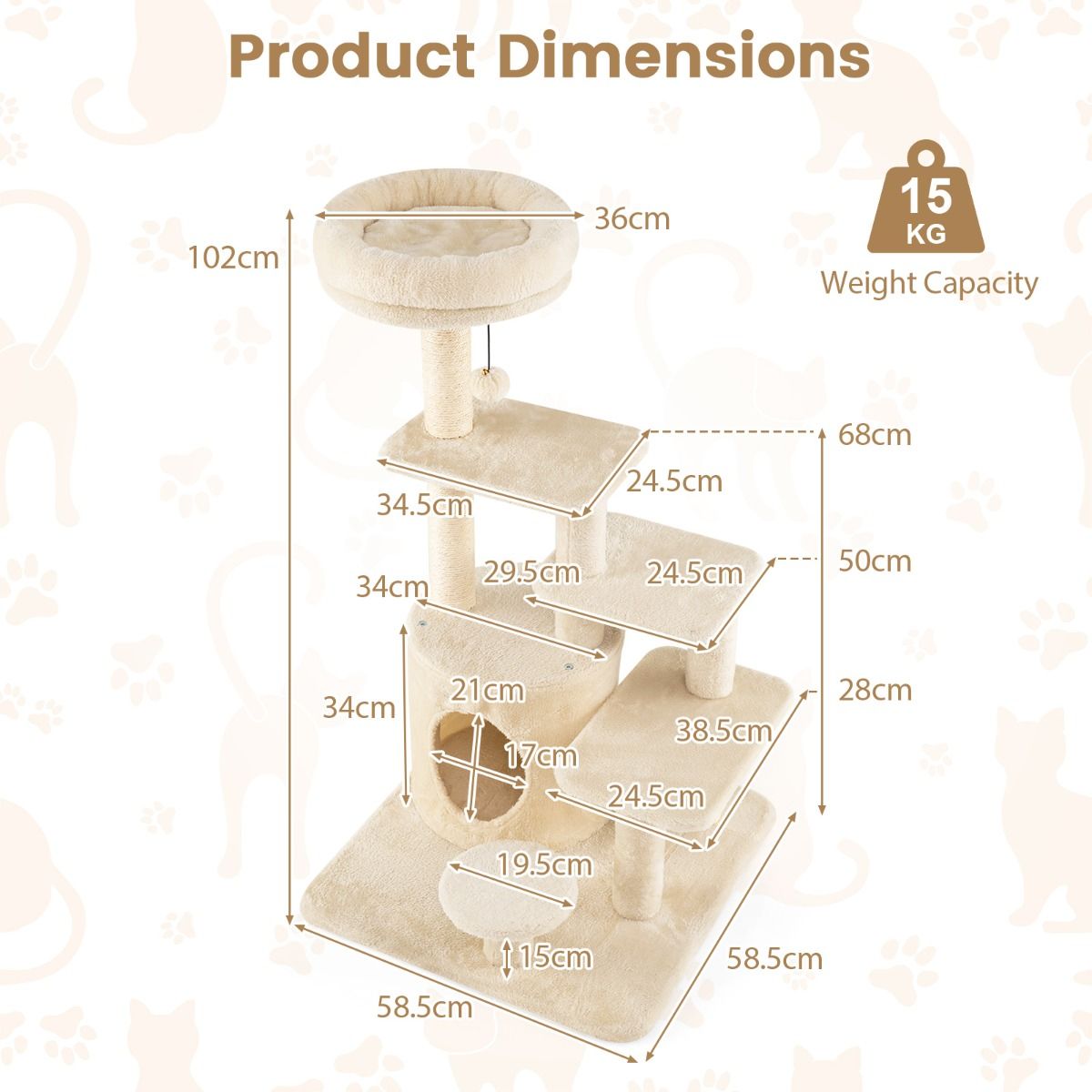 Arbre à chat Coast - plusieurs étages - poteaux à griffer en sisal - beige/gris - 102 cm