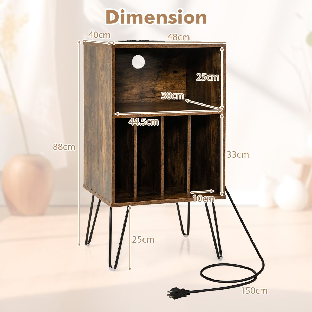 Support pour platines Coast - 3 niveaux - avec station de recharge et 4 prises - marron rustique