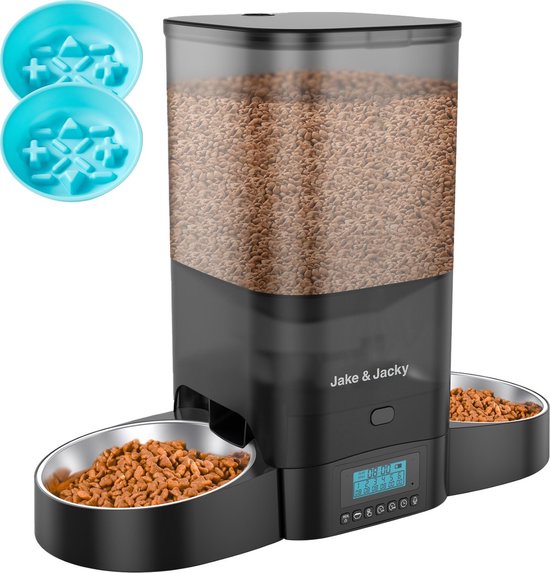 Jake and Jacky Automatic Feeder Cat and Dog - 5 Litres - Includes 2 Stainless Steel feeders & 2 Slow feeders - Feeding Dispenser & Anti-Snack Bin - Food Dispenser - Feeder for Cats & Dogs - Black