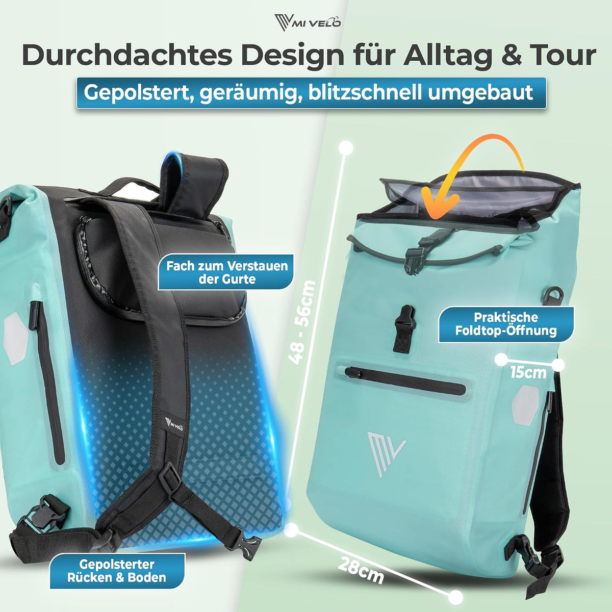 Sac de vélo MIVELO 3-en-1 20 litres - Aqua - Sac à bagages, sac à dos et sac à bandoulière