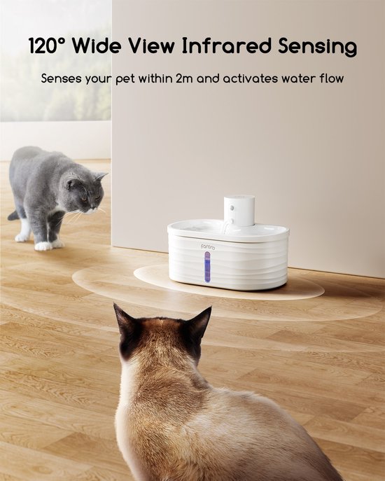 Fontaine à eau sans fil Faroro pour chat - 2,5 L - avec capteur de mouvement - 3 réglages différents - Fontaine à eau pour chat et chien