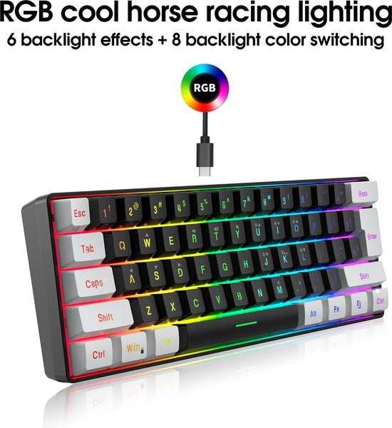 HXSJ V700 RGB Clavier de jeu compact Qwerty 61 touches Effet rétroéclairé Noir/Blanc