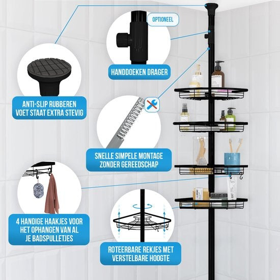 Etagère de salle de bain - Strex - Etagère de douche d'angle - Réglable - 70-275 cm - 4 paniers - Noir