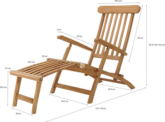Chaise longue AXI Costa en teck – Chaise longue en bois – Dossier à 4 positions – 170 x 59 cm
