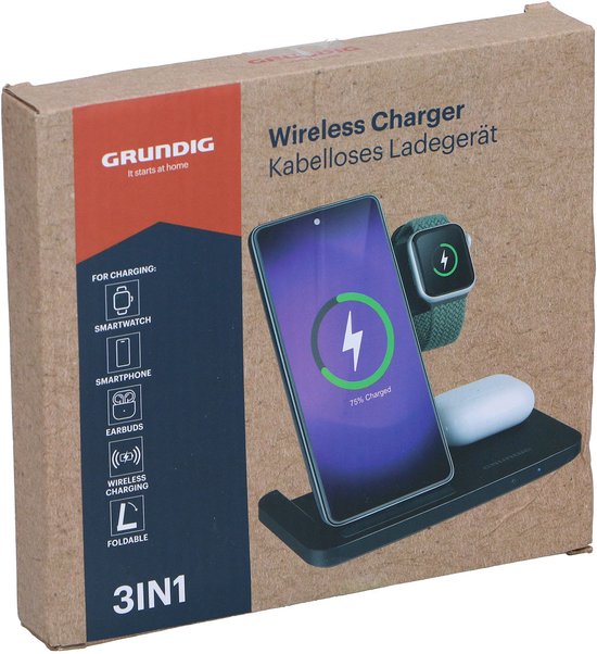 Chargeur sans fil 3-en-1 Grundig – Station de recharge rapide pour smartphone, montre connectée et écouteurs – Chargeur sans fil pour iPhone et Samsung – Chargeur sans fil – Design pliable