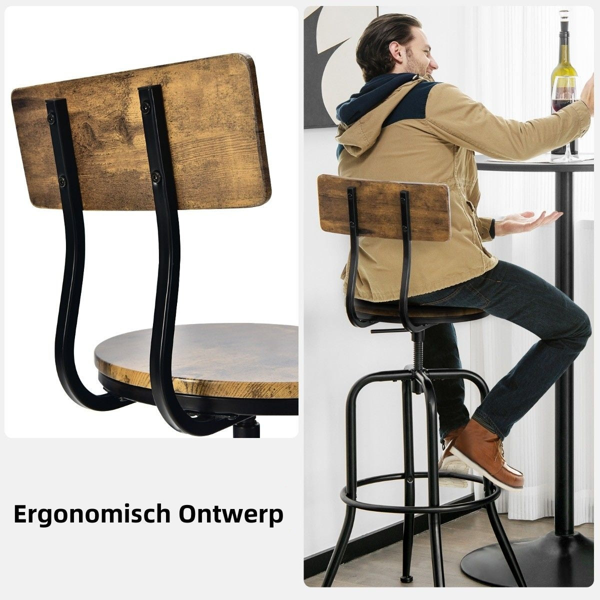 Coast Bar Chair Industrial 2 Set Bar Stool rotatif et réglable en hauteur marron