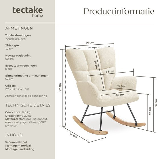 tectake® Rocking Chair Torve - Fauteuil à bascule en tissu bouclé de style scandinave - Fauteuil de relaxation avec patins en bois, revêtement souple et dossier haut pour un confort optimal - 70 x 96 x 97 cm - Beige