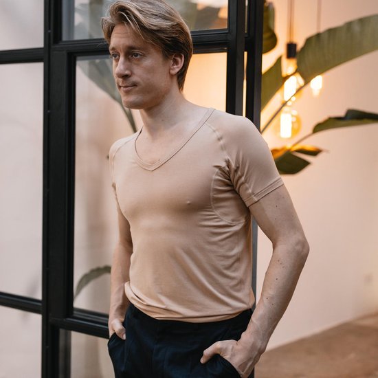 Anti Sweat Shirt - Fibershirts® - Coussinets d'aisselles cousus - Maillot de corps - beige - Col en V - Hommes - Taille XL
