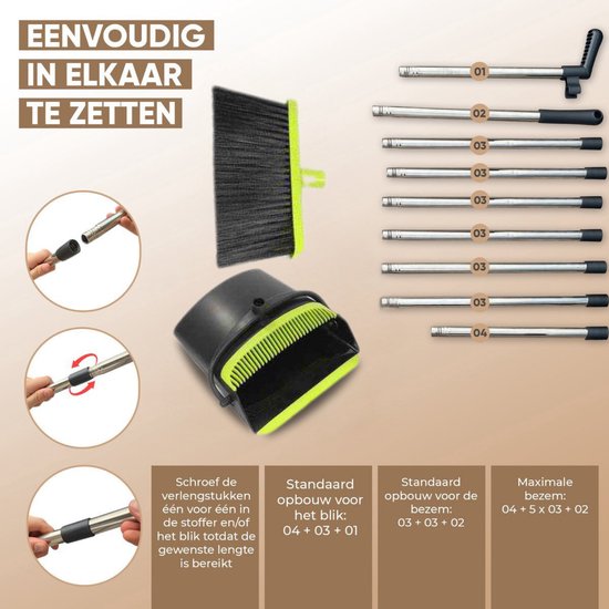 TTD® Balai et pelle à poussière avec long manche XXL - réglable 54-263 cm - Balai - manche de balai - vert et noir - balai et pelle à poussière - poubelle pour l'intérieur et l'extérieur - dents de nettoyage intégrées
