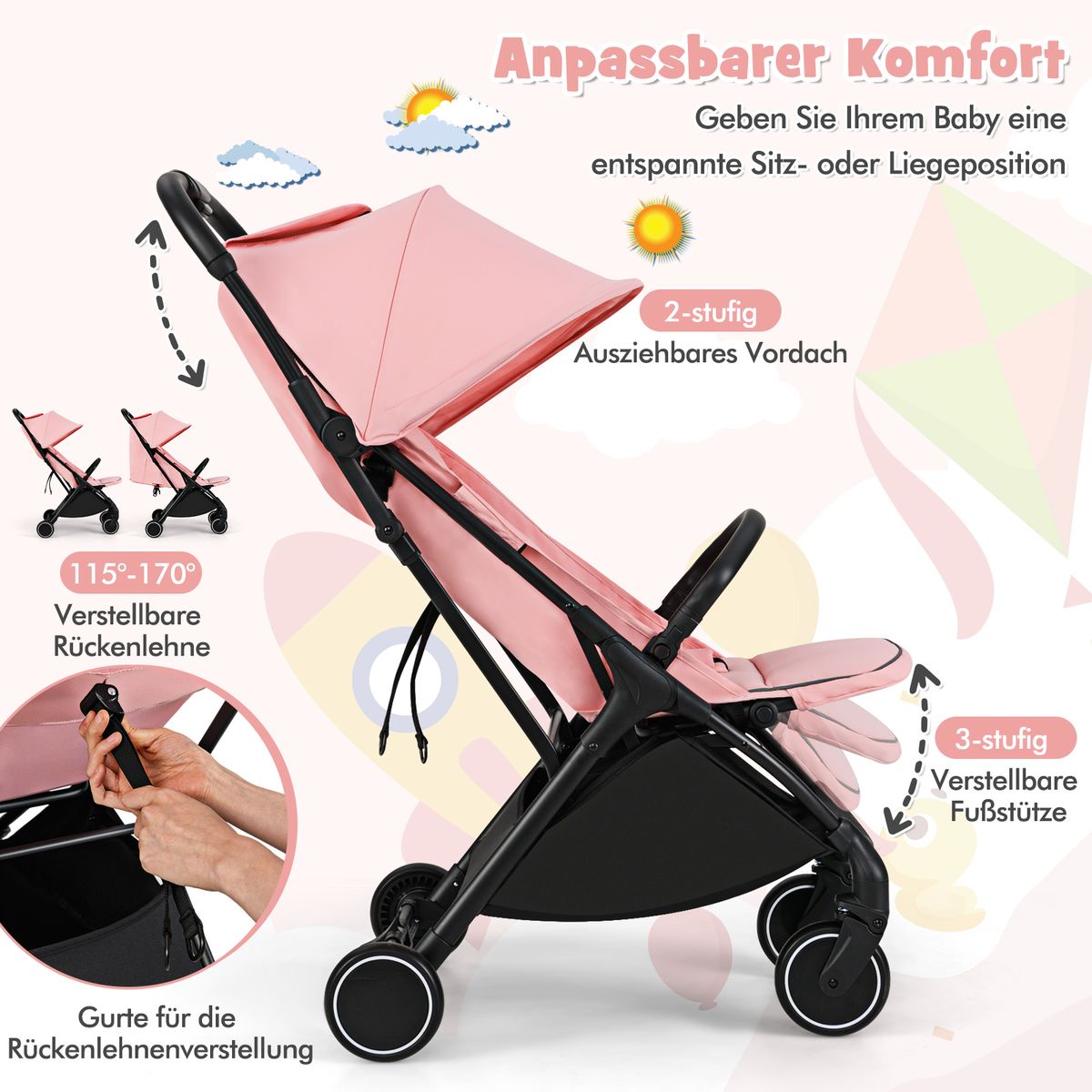 Poussette Coast - poussette de voyage pliable - dossier et repose-pieds réglables - rose